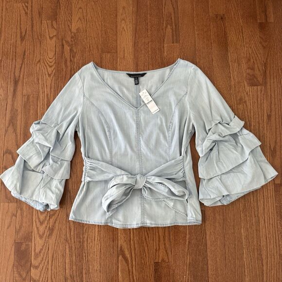 White House Black Market Bell Sleeve Blouse Womens Size 12 Denim Top Preppy Boho - Picture 4 of 14